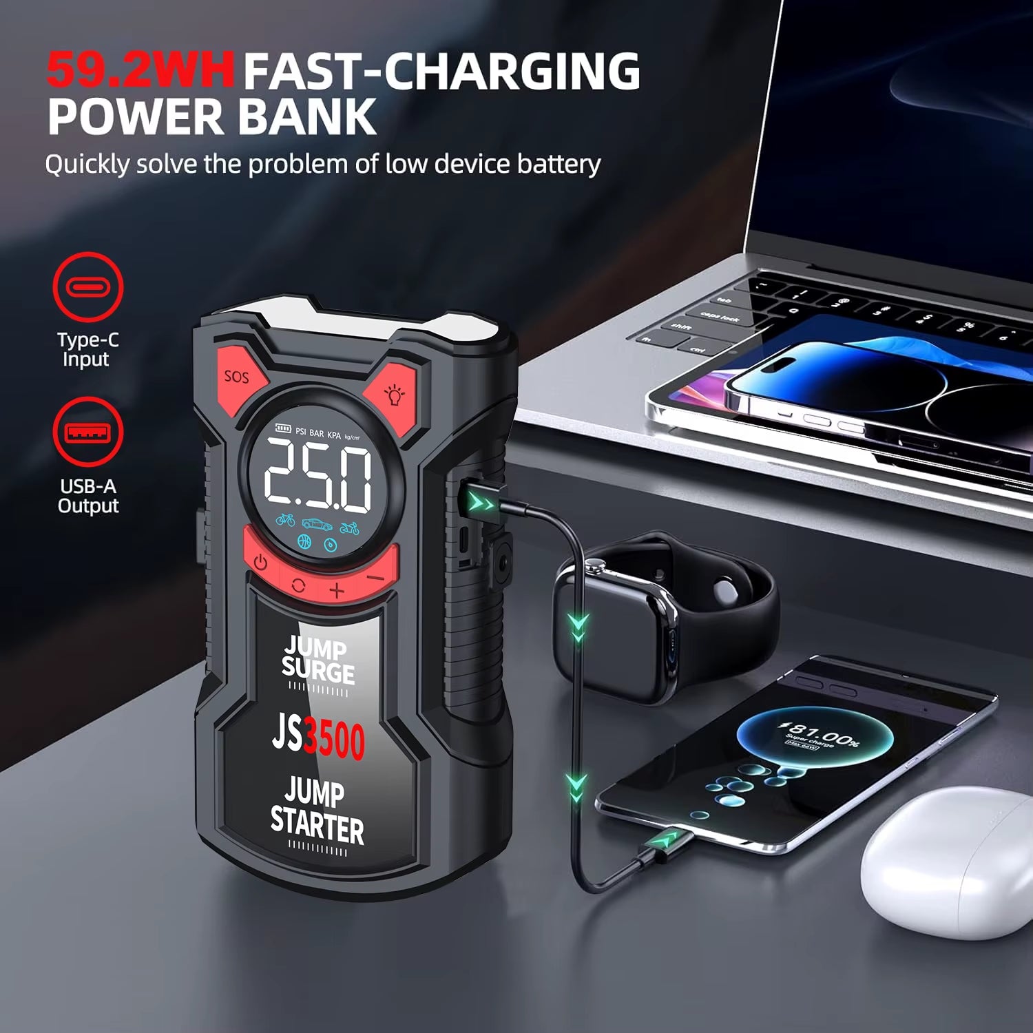 5-In-1 Multifunctional Air Pump Jump Starter with Air Compressor 3000A Peak/150Psi Battery Jump Starter Digital Tire Inflator