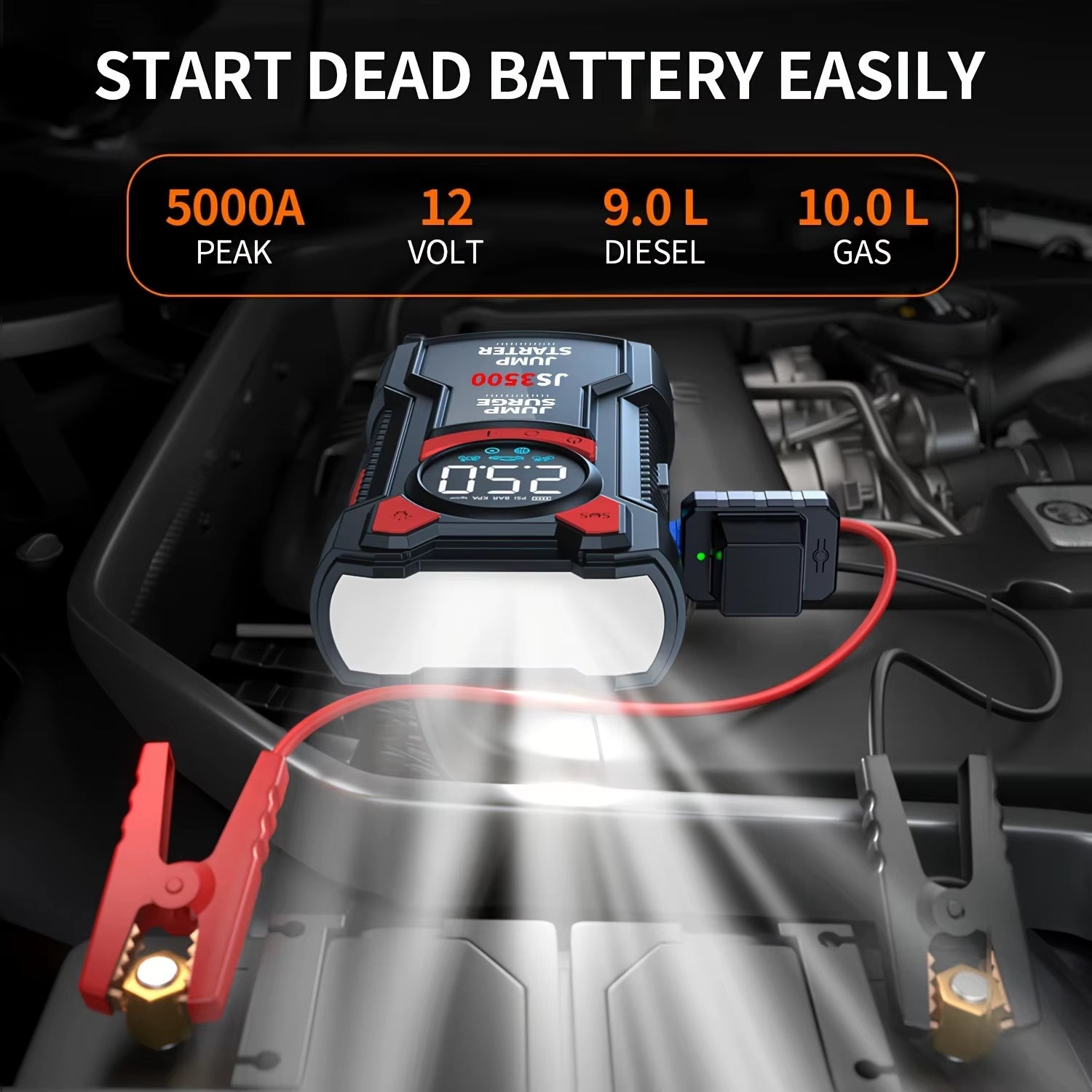 5-In-1 Multifunctional Air Pump Jump Starter with Air Compressor 3000A Peak/150Psi Battery Jump Starter Digital Tire Inflator